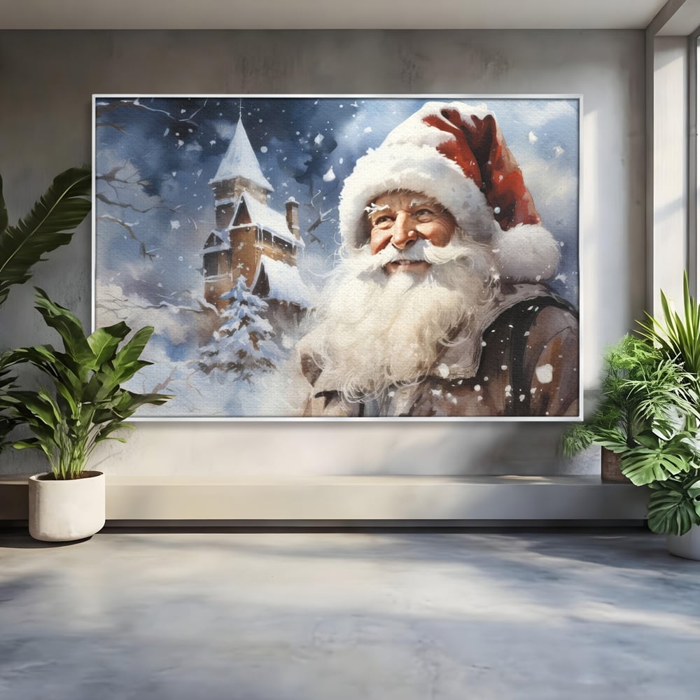 Tablou canvas cu tablou canvas cu mos craciun, in rama de aluminiu argintiu